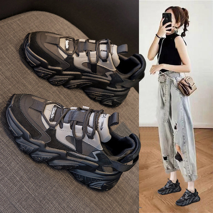 Chaussures femmes nouvelles chaussures à semelles épaisses pour femmes chaussures de sport polyvalentes noir mode net rouge papa chaussures printemps