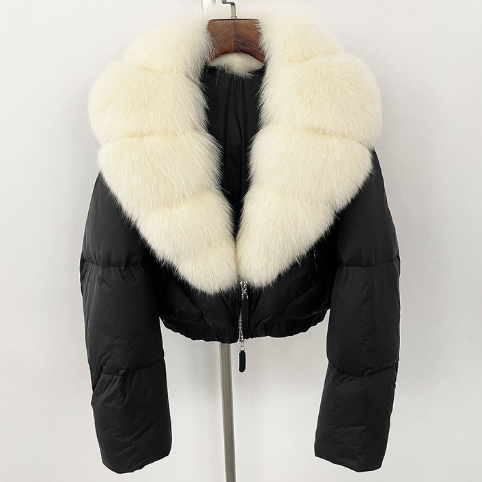 Manteau Court Épais en Duvet avec Col en Fourrure de Renard