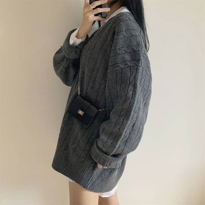 Pull en Tricot à Col V, Mi-Long avec Manches Longues