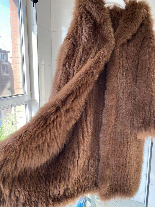 Manteau en Fourrure de Renard Grise à Capuche