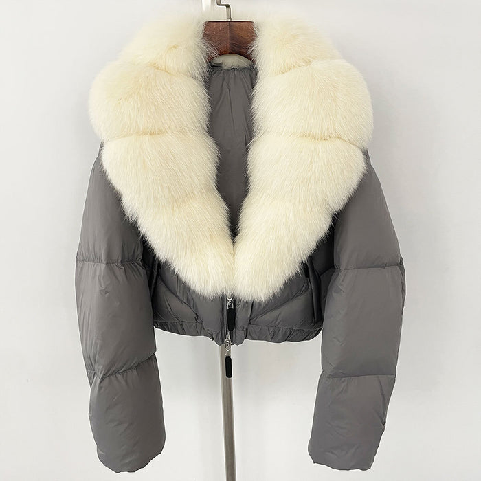 Manteau Court Épais en Duvet avec Col en Fourrure de Renard