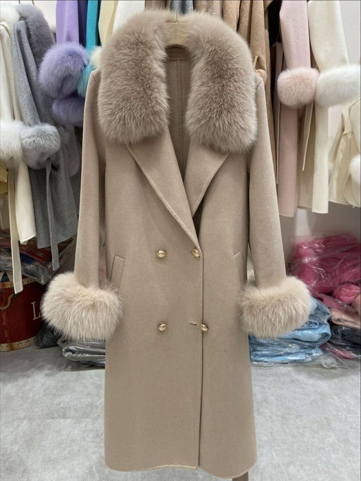 Manteau en Laine Double Face avec Col en Fourrure de Renard