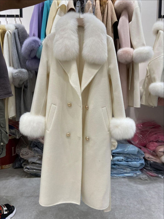 Manteau en Laine Double Face avec Col en Fourrure de Renard