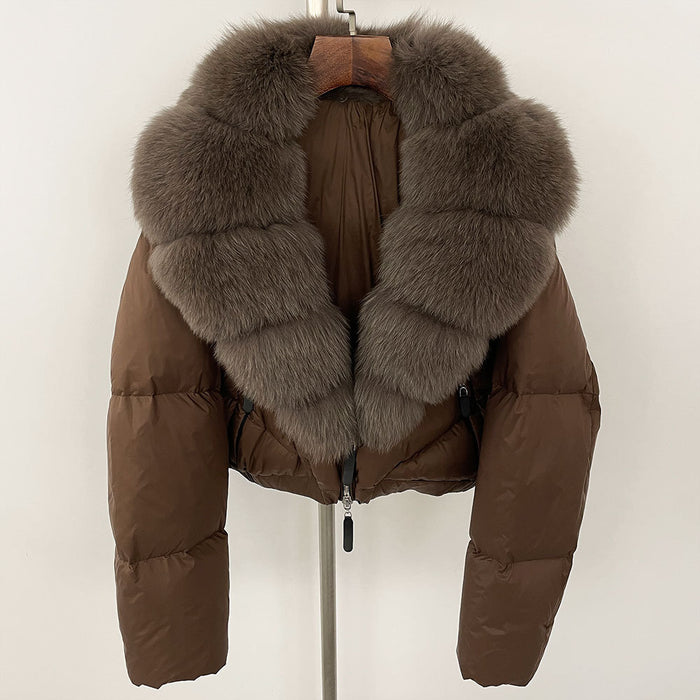 Manteau Court Épais en Duvet avec Col en Fourrure de Renard